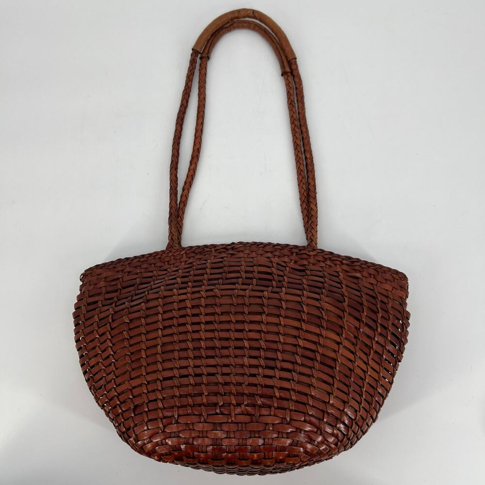 Woven Leather Basket Shoulder Bag Cognac Brown Medium Top Zip Dual Handle Vtg